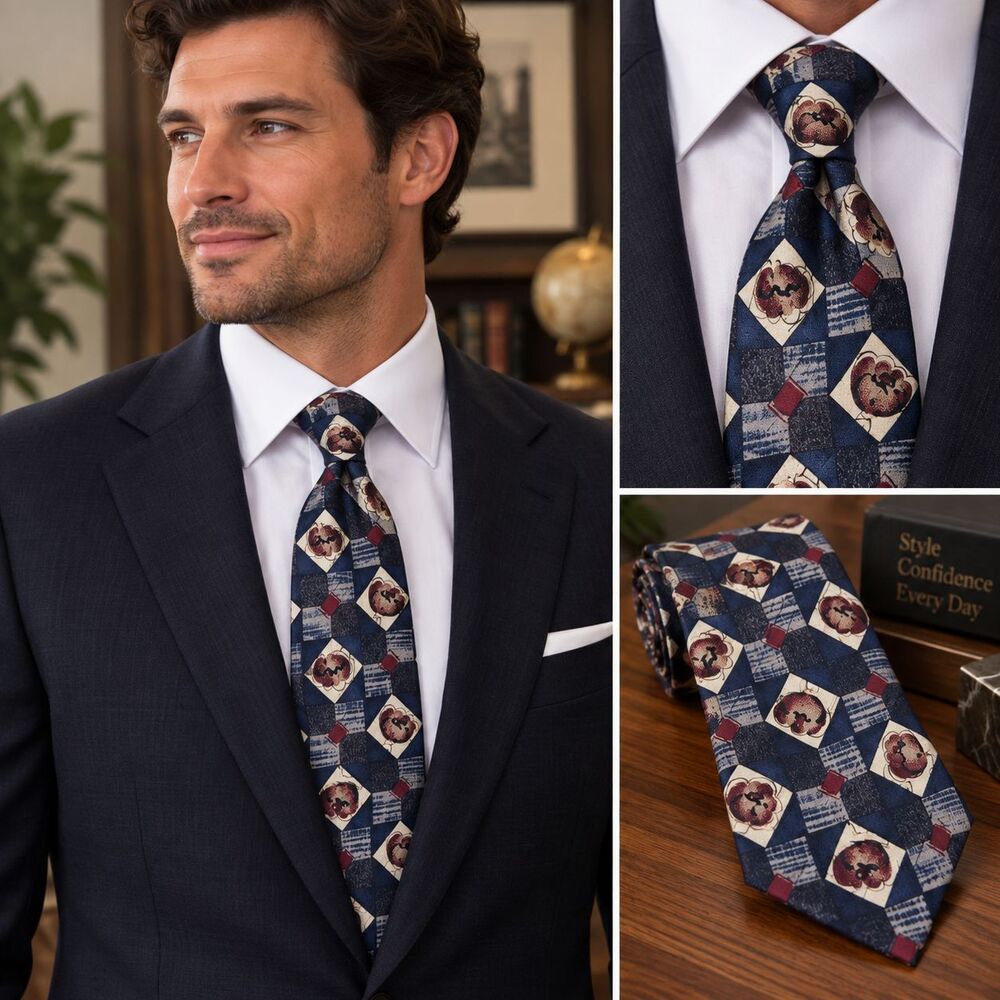 Henry Grethel Tie Mens One Size Blue Silk Geometric Abstract Print Necktie